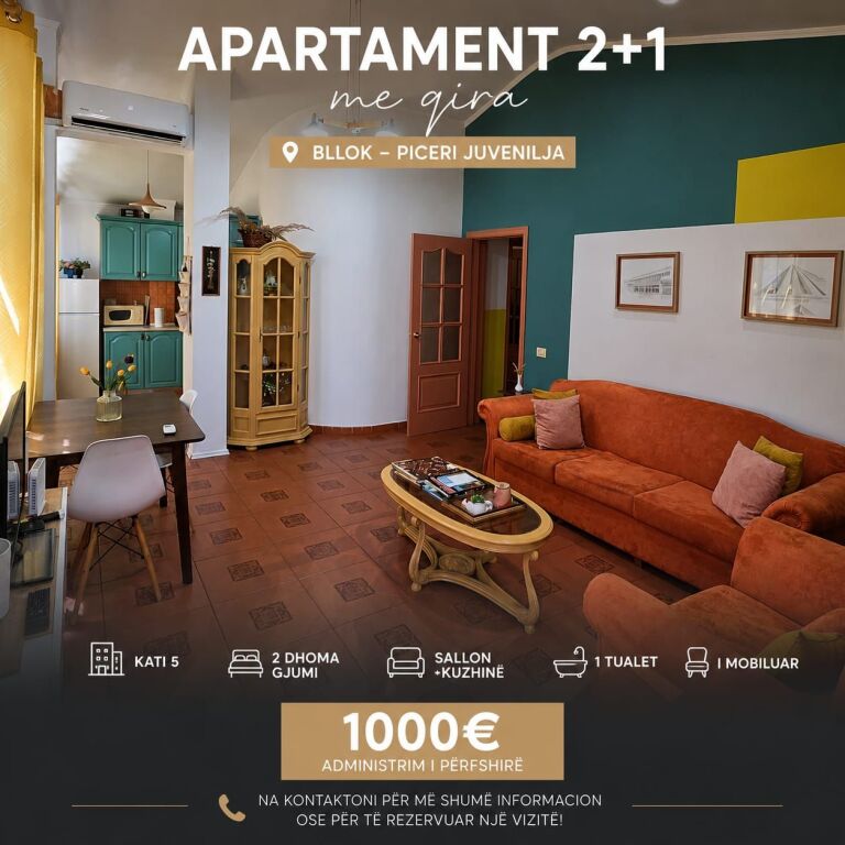 Apartament 2+1 me qera në Blloku, Tiranë, 85 m². Foto 1 nga 3